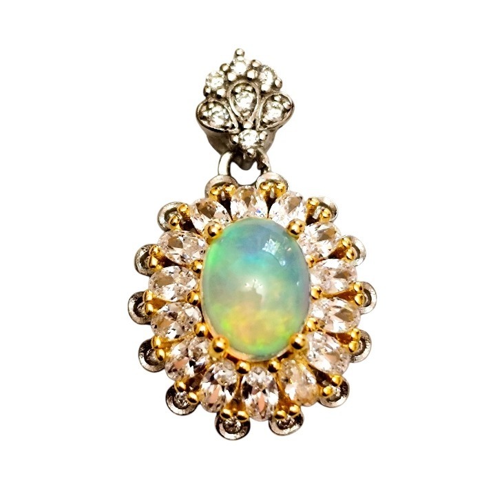 Ethiopian Opal & Cubic Zirconia Halo Pendant in 925 silver, 13 x 23mm