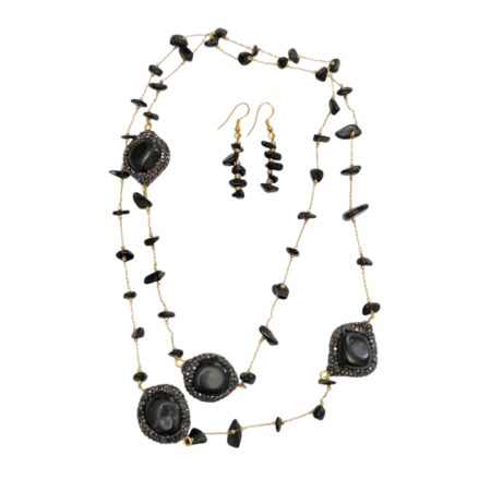 Black obsidian Chip Chain Necklace & Matching Earring Set