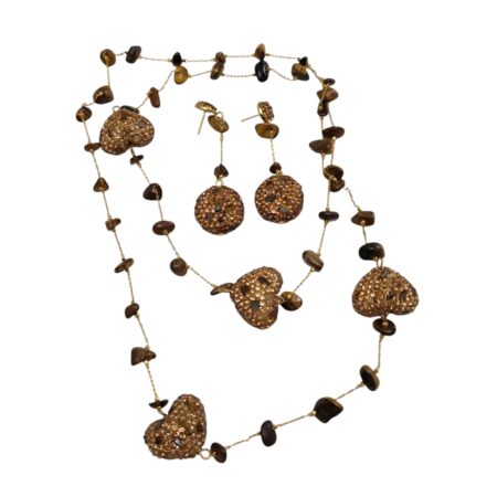 Long Tiger's eye Chip Chain Necklace & Matching Earring Set with Sparkling Heart Spacer Beads