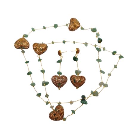 Long Green aventurine Chip Chain Necklace & Matching Earring Set with Sparkling Heart Spacer Beads