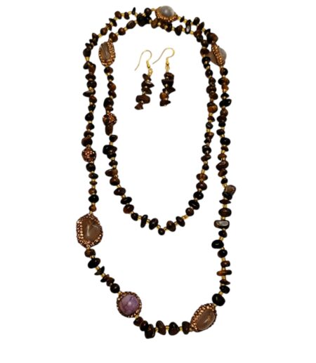 Tigers eye Chip Necklace with agate tumbled stone beads with matching earring set