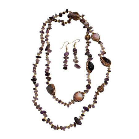 Amethyst Chip Necklace with agate tumbled stone beads with matching earring set