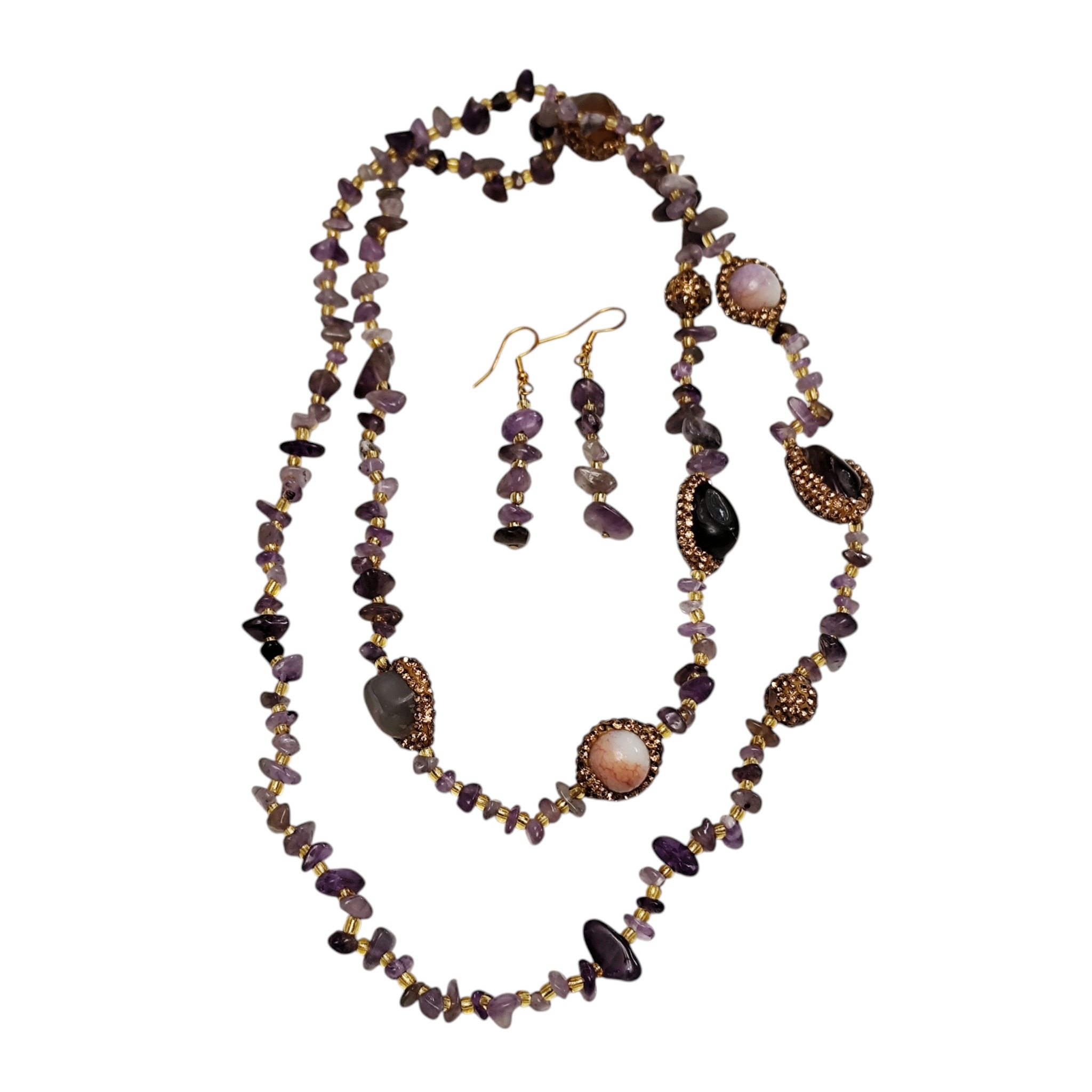 Amethyst Chip Necklace with agate tumbled stone beads with matching earring set