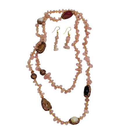Rose quartz Chip Necklace with agate tumbled stone beads with matching earring set
