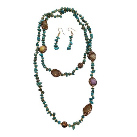 Blue howlite Chip Necklace with agate tumbled stone beads with matching earring set