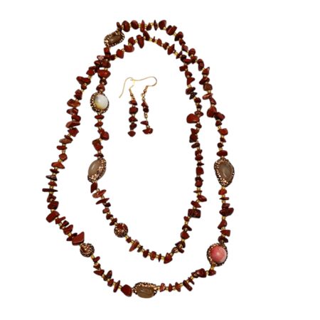 Red jasper Chip Necklace with agate tumbled stone beads with matching earring set