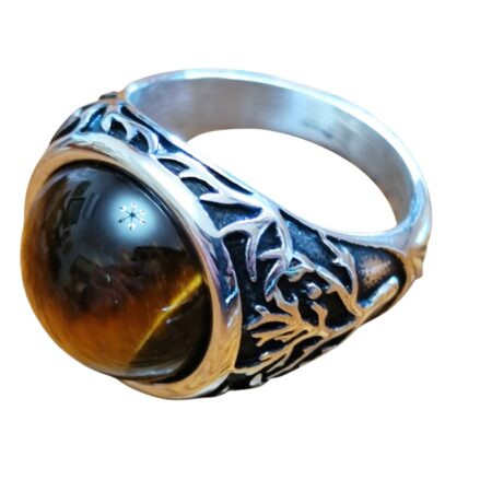 Stainless Steel Tigers Eye ring in sizes 8 to 12, tree of life