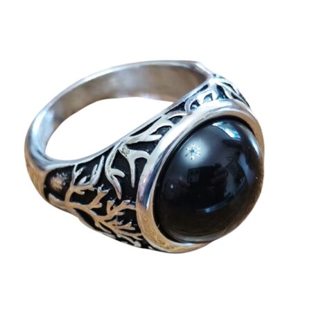 Stainless Steel Black Onyx ring in sizes 8 to 12, tree of life