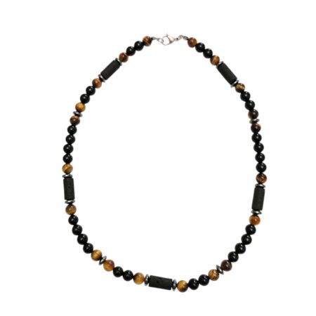 Men’s Tiger’s Eye, Black Onyx, and Lava Stone Statement Necklace