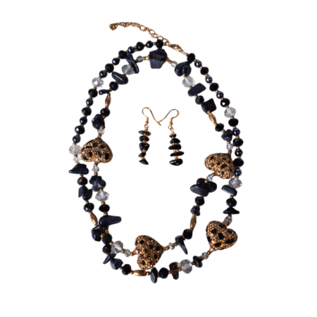 Blue goldstone Chip Necklace with sparkiling heart spacer beads with obsidian chip earring set