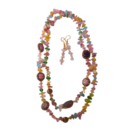 Colorful quartz Chip Necklace with agate tumbled stone beads with rose quartz chip earring set