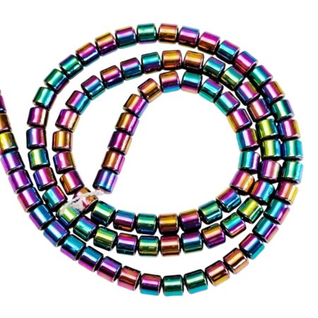 Rainbow Coated Hematite Cylinder Bead Strand, 4mm