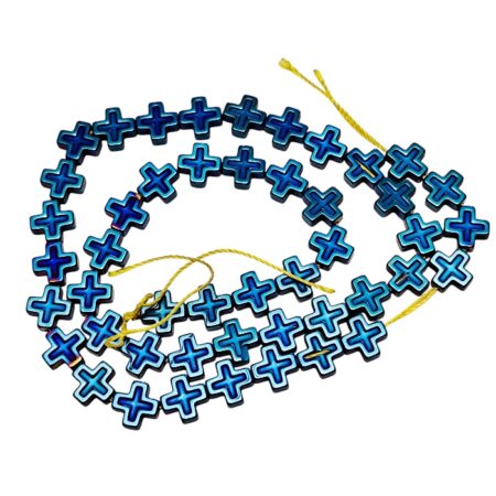 Electric Blue Electroplated Hematite Cross Bead Strand, 40cm