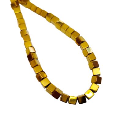 Metallic Gold Electroplated Hematite Square Cube Bead Strand (4mm)
