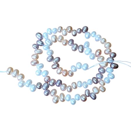 Freshwater Potato shaped pearl string, white with peach and lilac, 34cm length of strand, Approximately 4-6mm size pearls