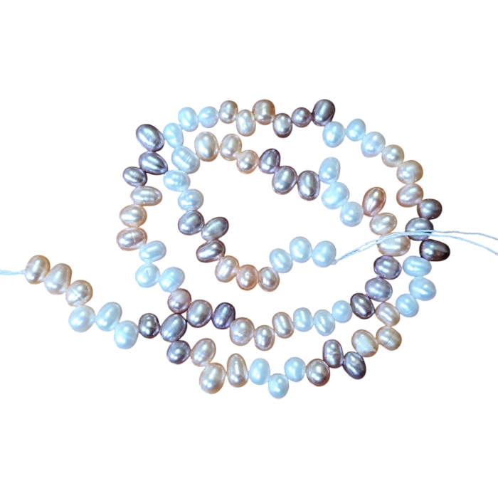 Freshwater Potato shaped pearl string, white with peach and lilac, 34cm length of strand, Approximately 4-6mm size pearls