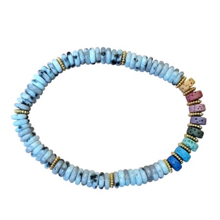 Kiwi jasper with Rainbow lava stone Heishi bead bracelet, stretchcord