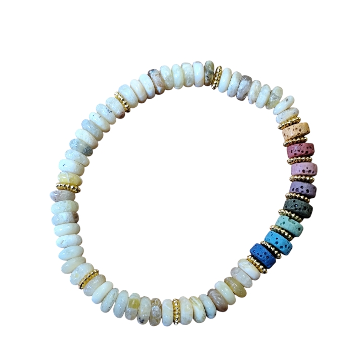 Yellow calcite with Rainbow lava stone Heishi bead bracelet, stretchcord