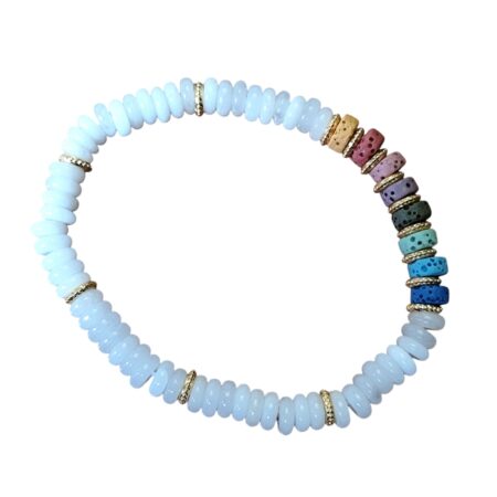 Snow quartz with Rainbow lava stone Heishi bead bracelet, stretchcord