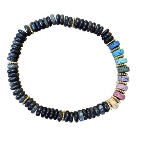 Golden obsidian with Rainbow lava stone Heishi bead bracelet, stretchcord