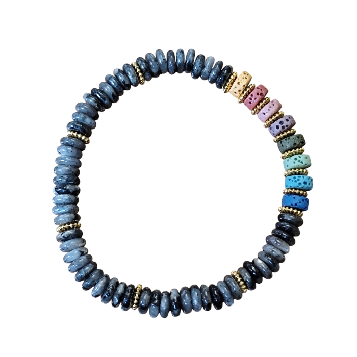Black labradorite with Rainbow lava stone Heishi bead bracelet, stretchcord