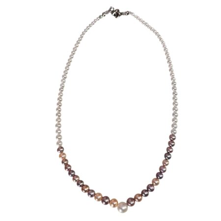 AAA Grade Freshwater Pearl necklace, Round pearl shape, White with peach and lilac, 44.5cm