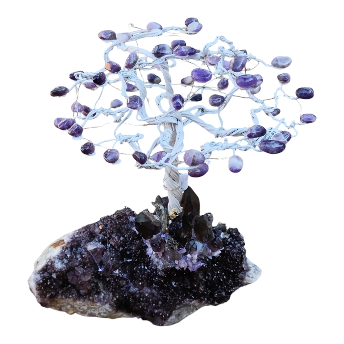 Amethyst tumble tree with lights on smoky quartz base, 33cm high