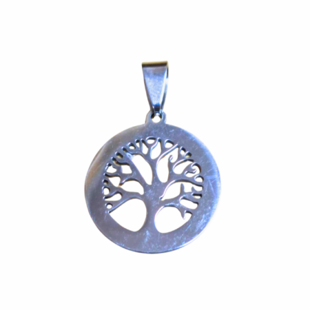 Tree of life pendant with thick round border, stainless steel, 32mm includes bail