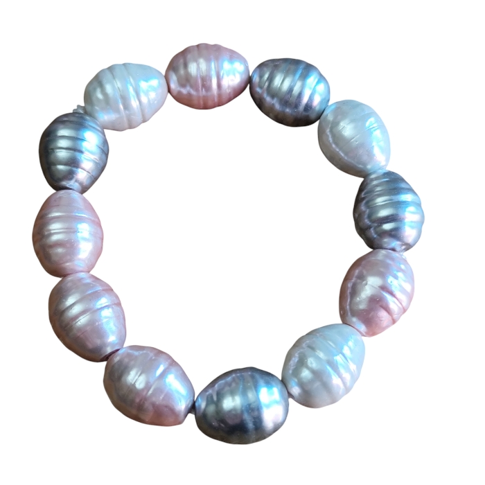 Multicolor Ringed / Grooved Baroque Shell Pearl Stretch Bracelet