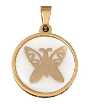Gold Stainless Steel round disk pendant with butterfly inlay, 20mm