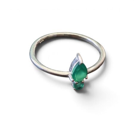 Green chalcedony Pear cut with round cut ring in 925 silver, size 5