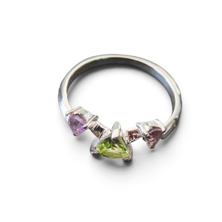 Peridot with Amethyst Geometric trilogy ring in 925 silver, size 7