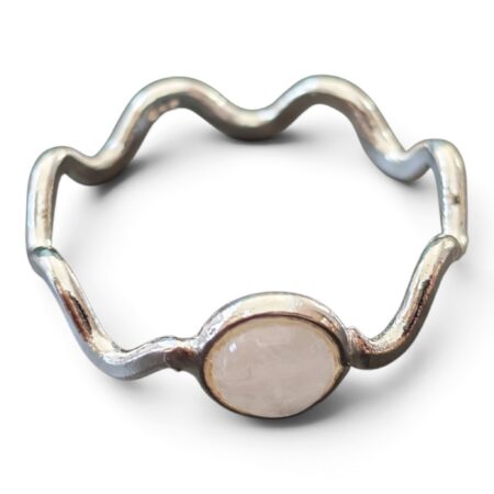 Rose quartz  round Cabochon wavy band ring in 925 silver,  size 6