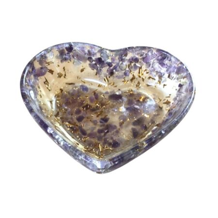 Resin heart bowl, purple w light blue transparent flakes, 8x7x2.5cm