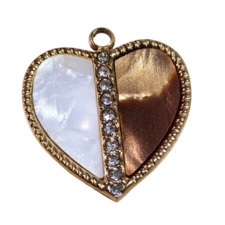Two-tone split heart with vertical rhinestone center bar pendant, 17mm