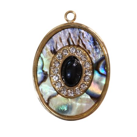 Iridescent abalone shell slice, black cabochon center pendant, 23mm