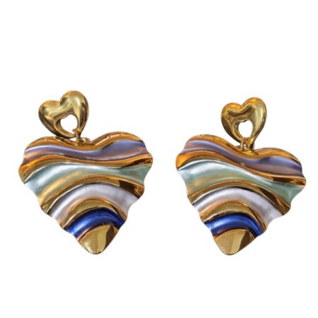 Statement Wave Heart Drop Earrings โ Gold-Tone Stainless Steel with Pastel Enamel (53mm)