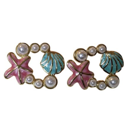 Coastal Starfish & Seashell Wreath Stud Earrings โ Gold-Tone Stainless Steel with Pearls (33mm)