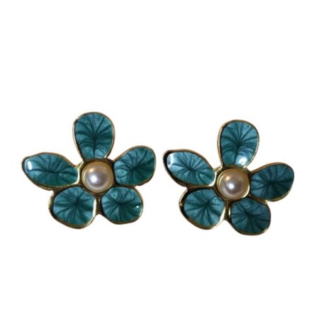 Teal Green Enamel Floral Stud Earrings โ Gold-Tone Stainless Steel with Pearl Center (28mm)