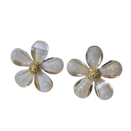 Translucent Glitter Floral Stud Earrings โ Gold-Tone Stainless Steel (22mm)