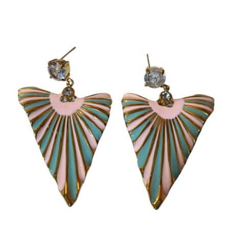 Art Deco Fan Statement Drop Earrings โ Gold-Tone Stainless Steel with Pastel Enamel & Crystals (50mm)