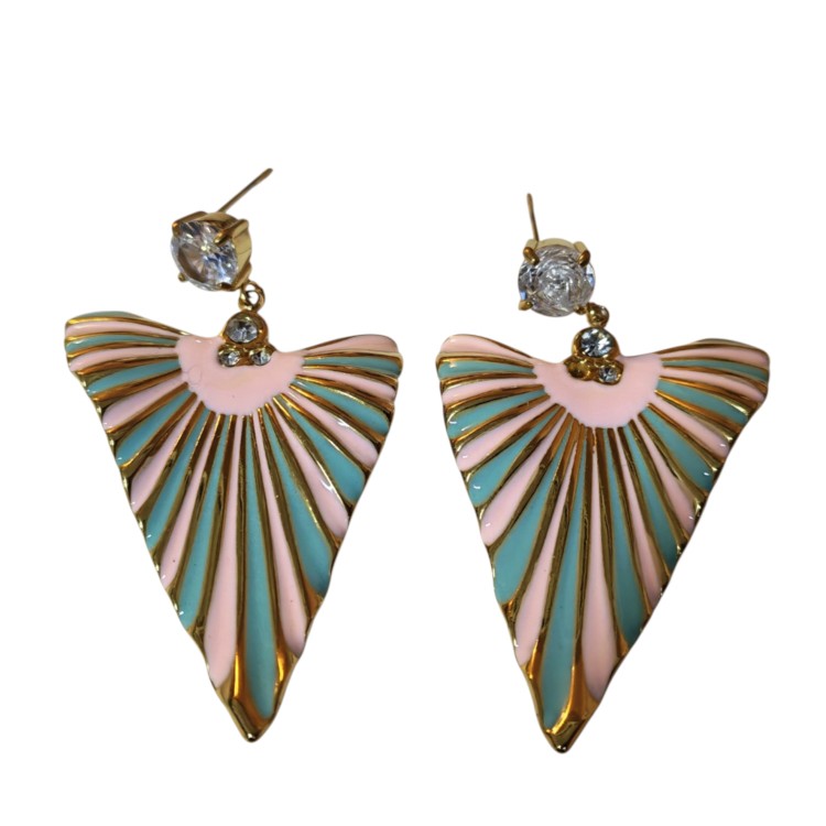 Art Deco Fan Statement Drop Earrings – Gold-Tone Stainless Steel with Pastel Enamel & Crystals (50mm)