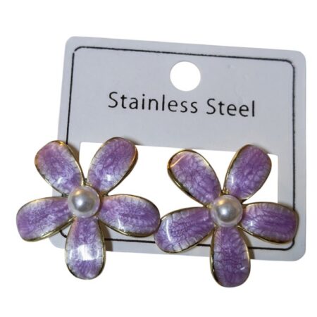 Lilac Enamel Floral Stud Earrings โ Gold-Tone Stainless Steel with Pearl Center (27mm)