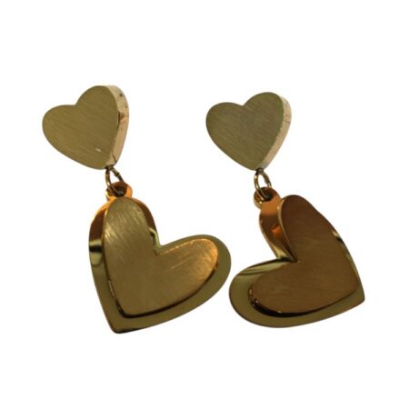 Layered Heart Drop Earrings โ Brushed & Polished Gold Stainless Steel (28mm)