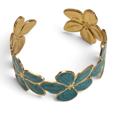 Dusty Rose Enamel Flower Garland Cuff Bangle – Gold Stainless Steel