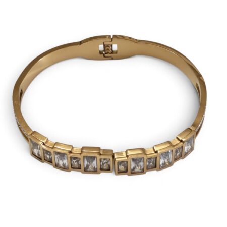 Geometric Emerald-Cut Jewel Hinged Bangle – Gold-Tone Stainless Steel