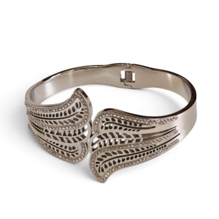 Filigree Feather Wing Crystal Hinged Bangle – Stainless Steel
