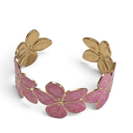 Pink Enamel Floral Garland Cuff Bangle – Gold Stainless Steel