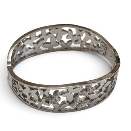 Meadow Blossom Open-Work Statement Cuff Bangle – Silver-Tone Stainless Steel