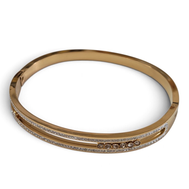 Double-Row Pavé Crystal Sliding Stone Hinged Bangle – Gold Stainless Steel